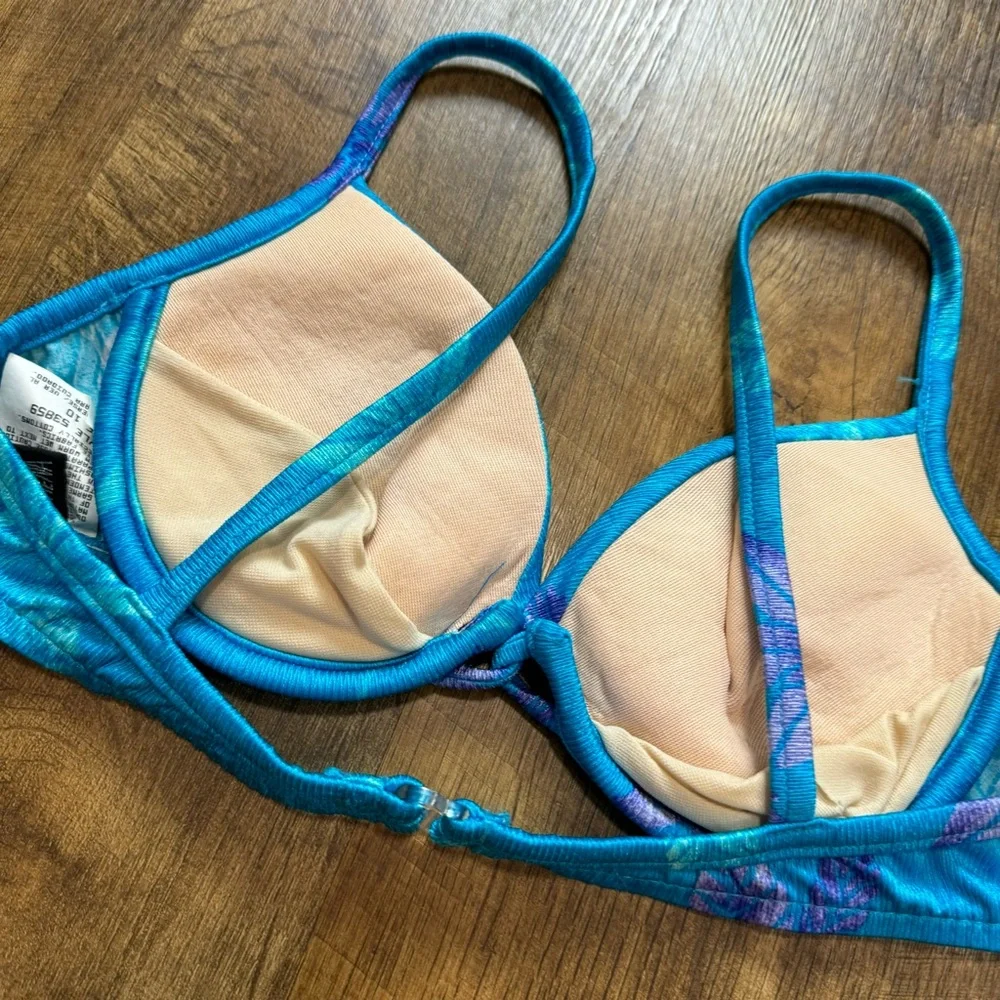 Vtg Athena Shimmer Floral Bikini Top Sz 10 Turquoise Blue Beach Resort
